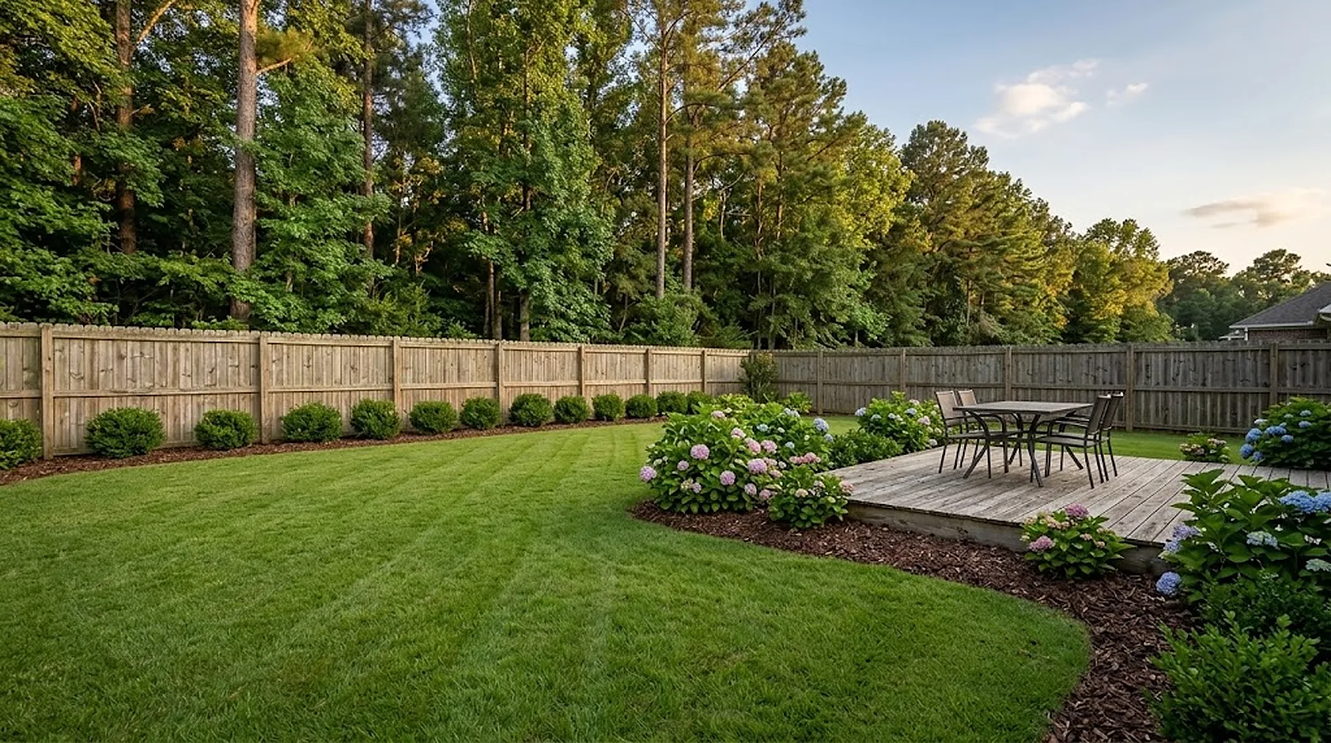 Backyard with a wooden deck, hydrangeas and a neat lawn