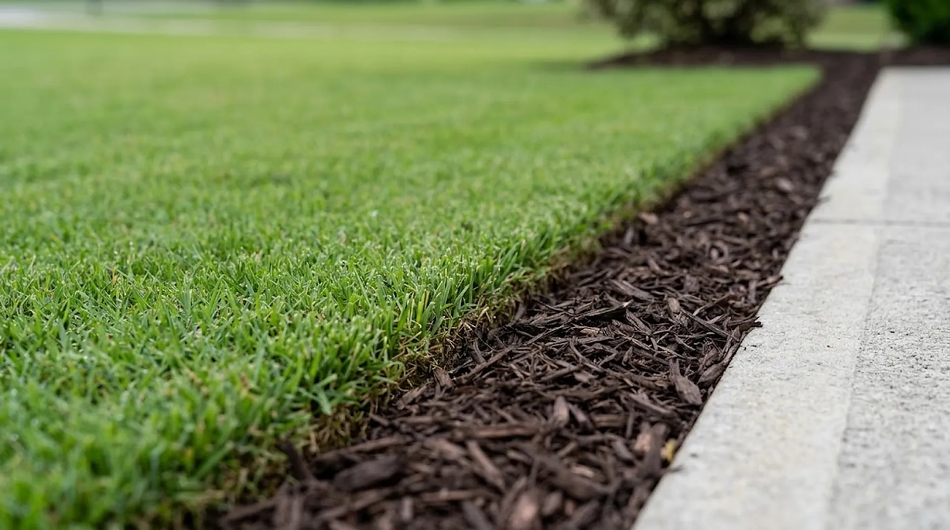 Crisp lawn edge beside a walkway with dark mulch