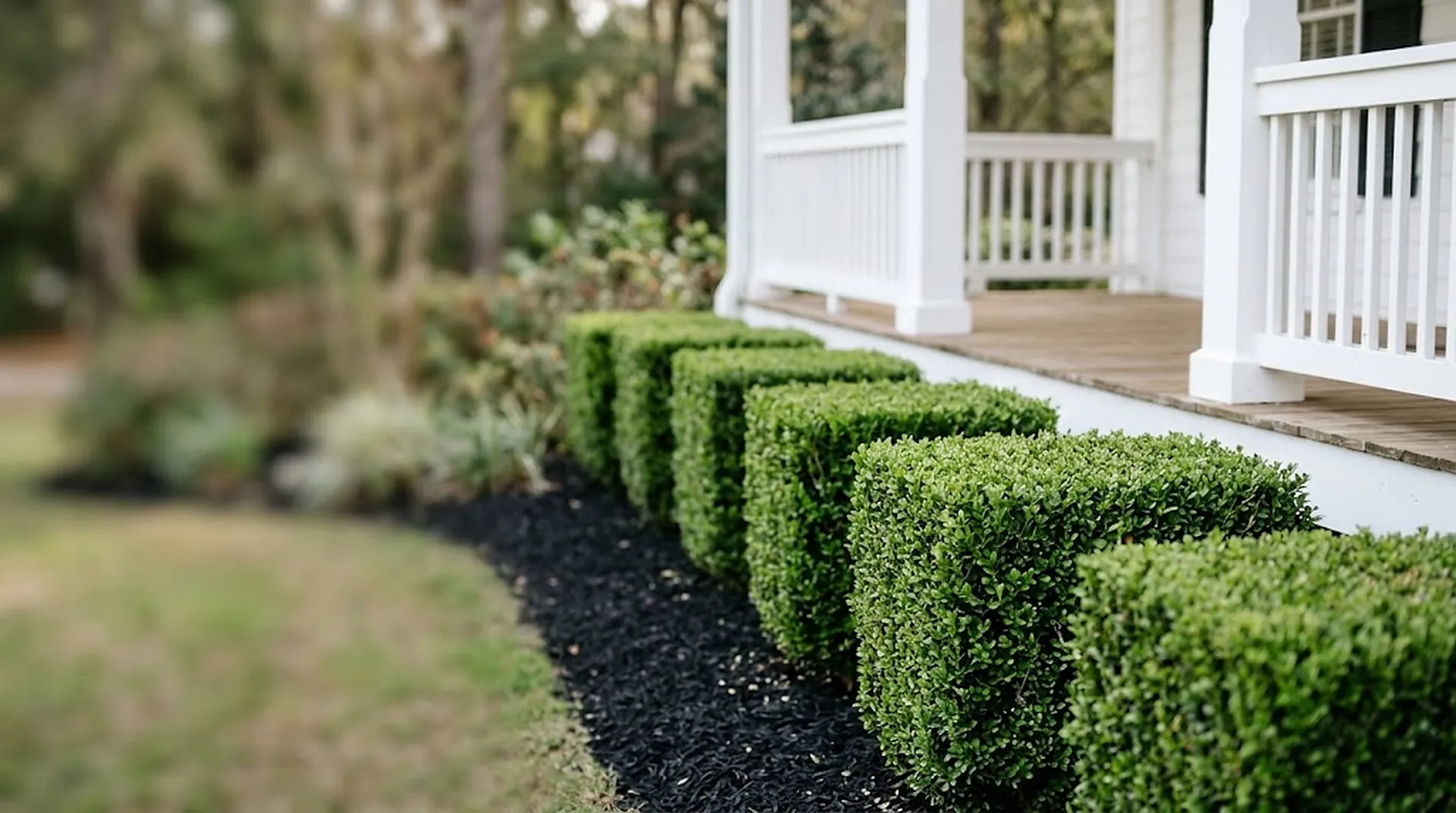 Trimmed boxwood hedge beside a white porch