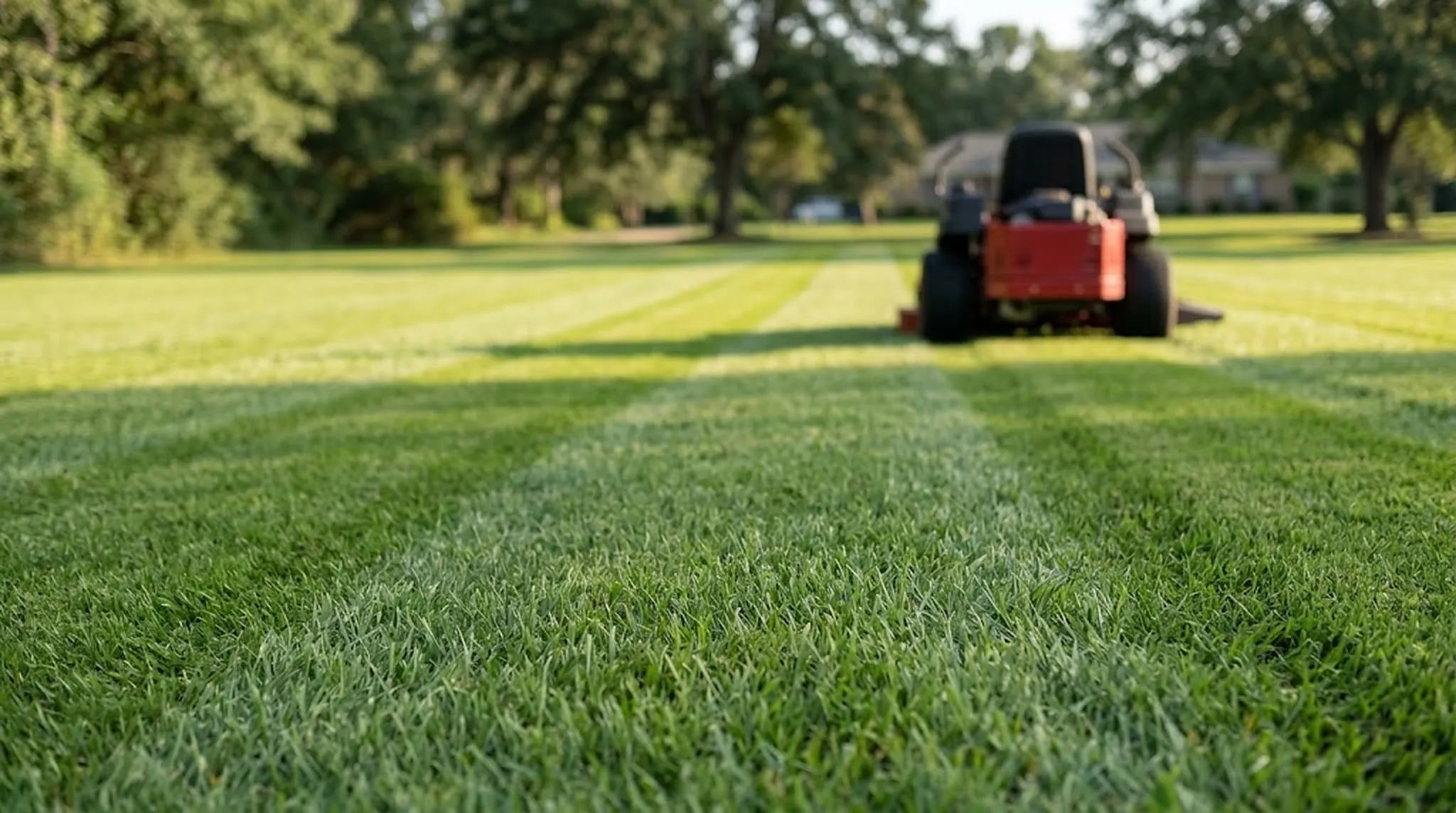 A red mower cutting stripes across a lawn