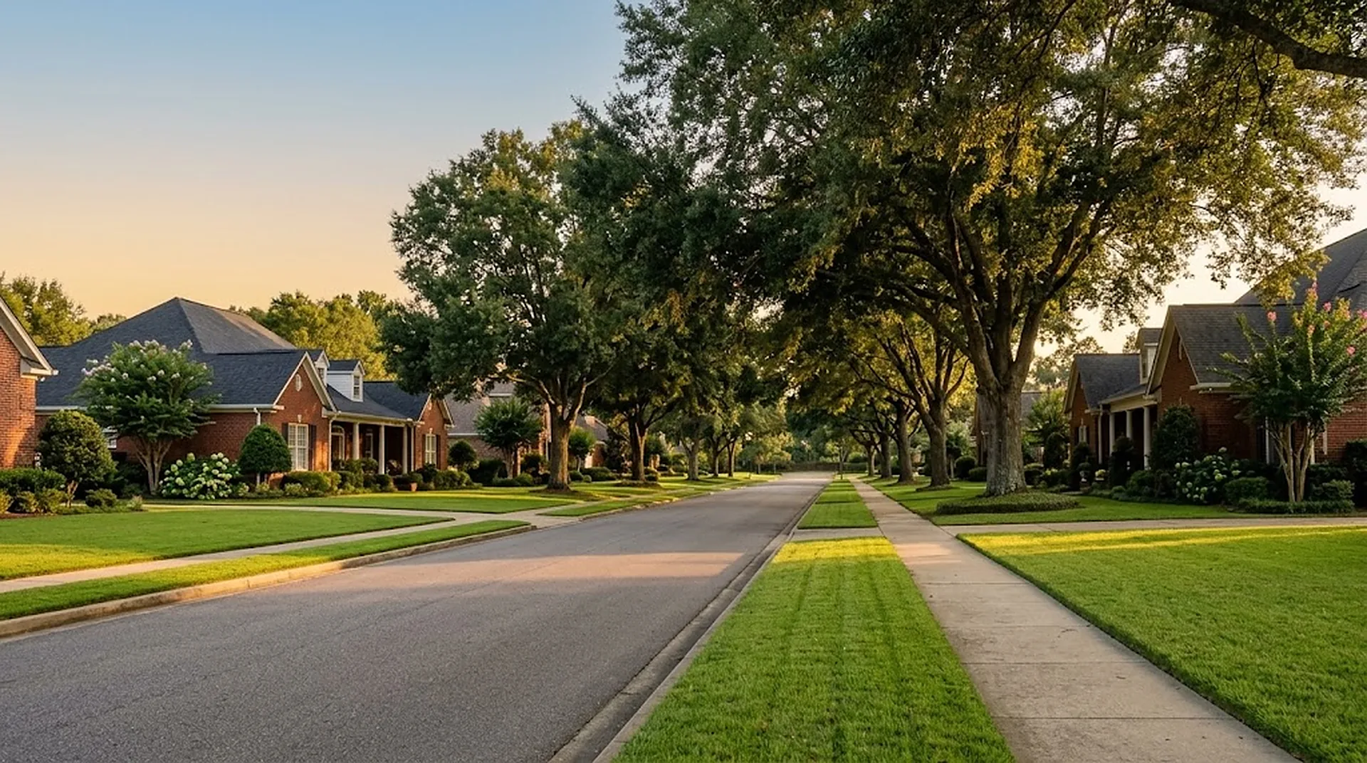 Tree-lined residential street with neat lawns at golden hour