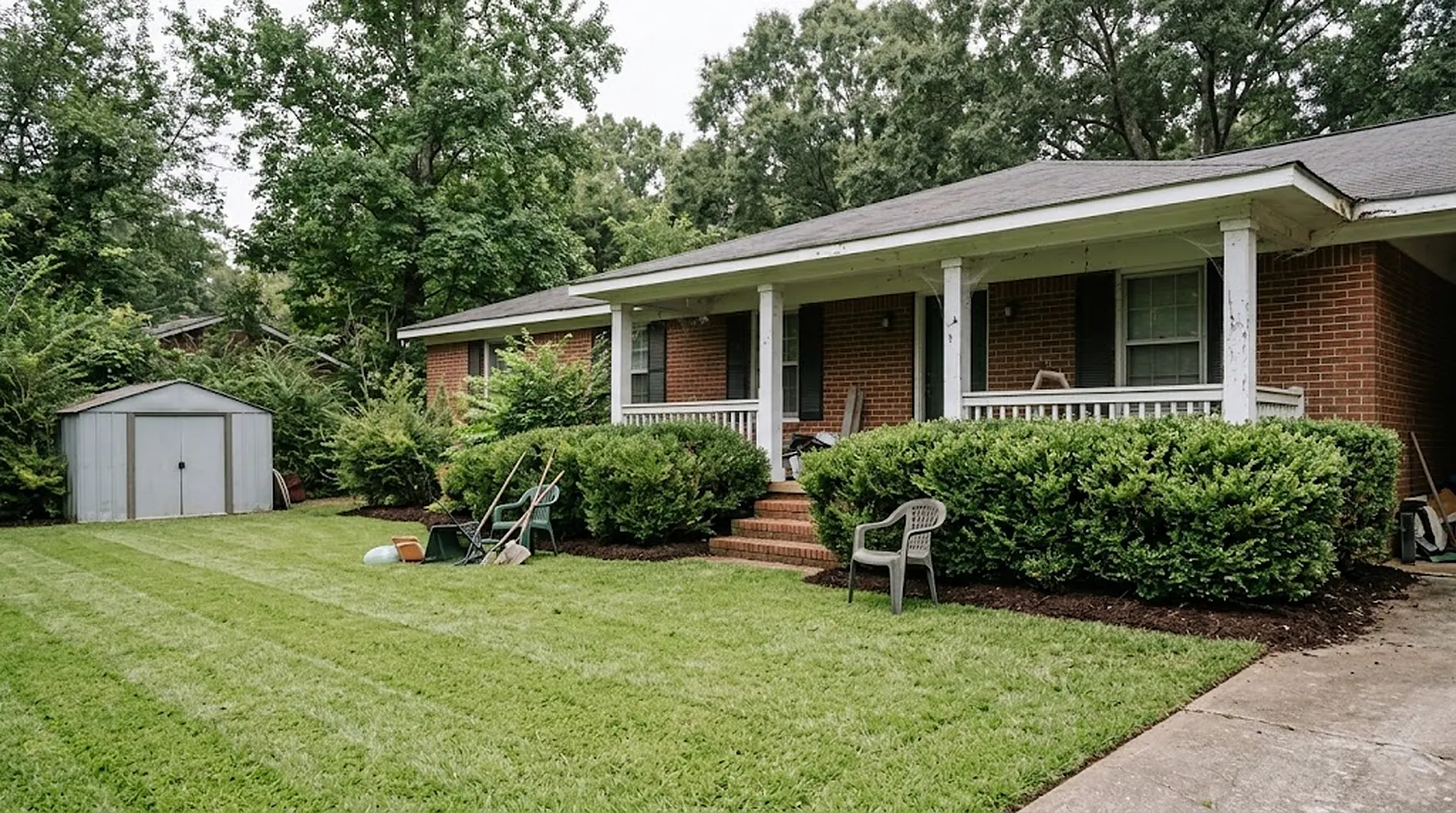 After: tidy lawn, trimmed shrubs and a clear porch