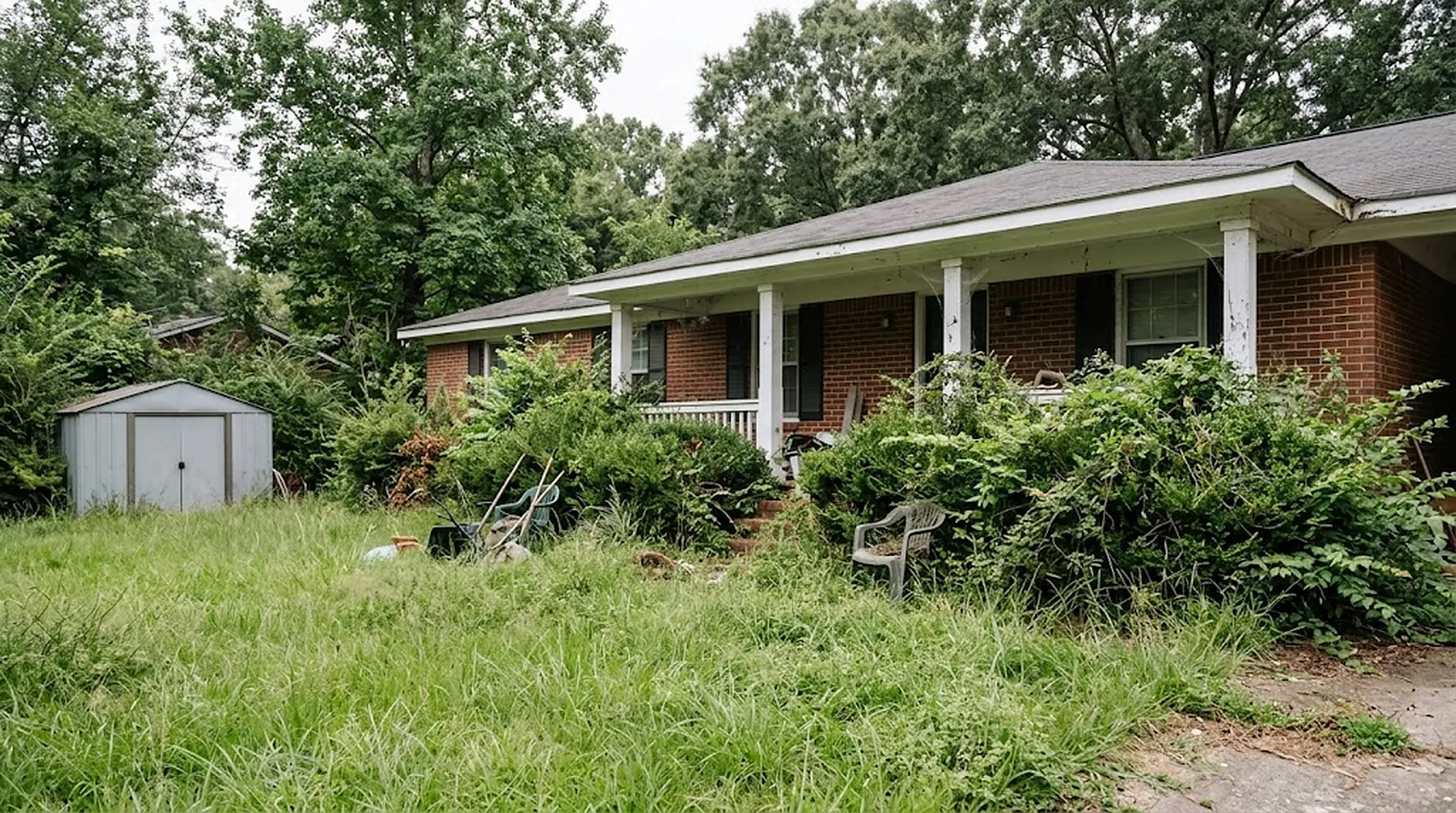 Before: tall grass and overgrown shrubs around the house