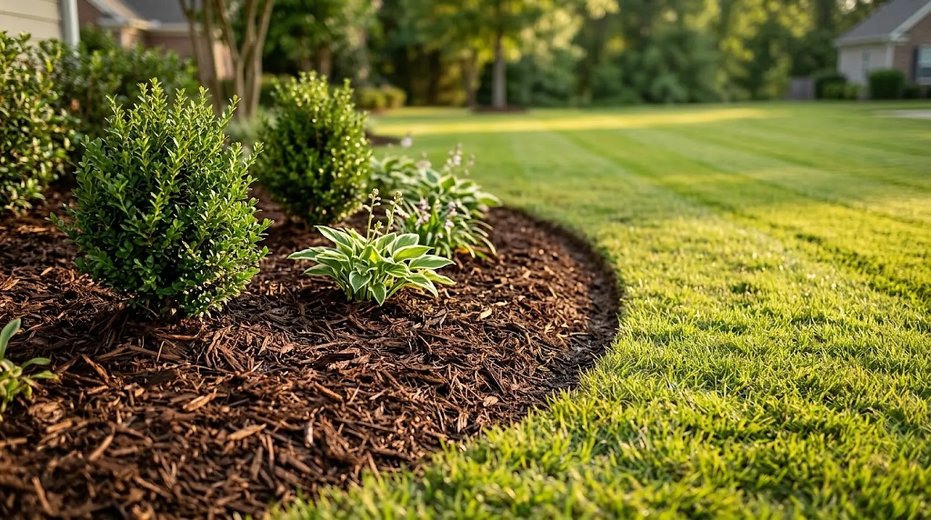 Fresh dark mulch bed with shrubs along a crisp lawn edge