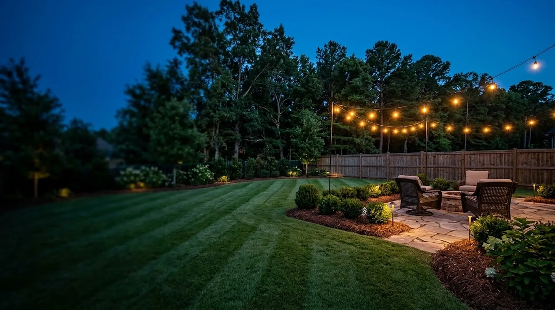 Backyard patio with string lights at dusk and a striped lawn